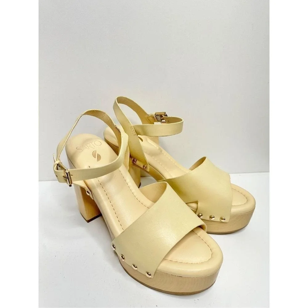 Sarto by Franco Sarto Wally Cream Leather Wood Platform Block Heel Sandals 9
